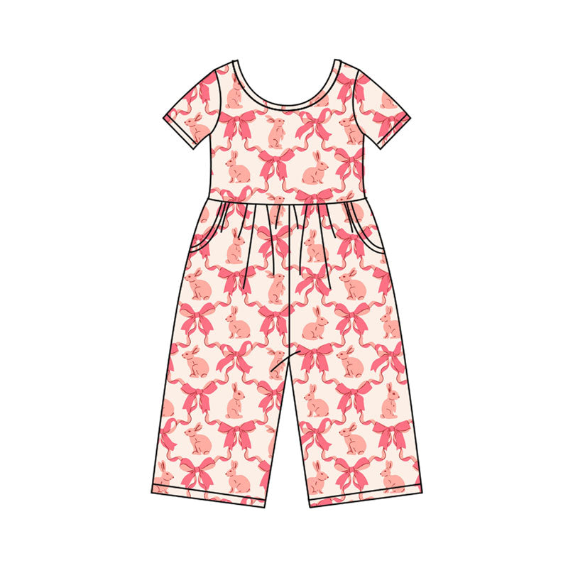 Preorder(moq 8)Baby Girls Pink Bows Rabbits Checked Pockets Easter Pant Jumpsuits