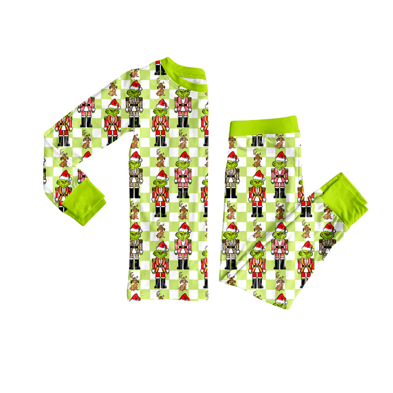 Preorder(moq 5) Baby Girls Long Sleeves Green Face Soldiers Plaid Top Pants Pajamas Set