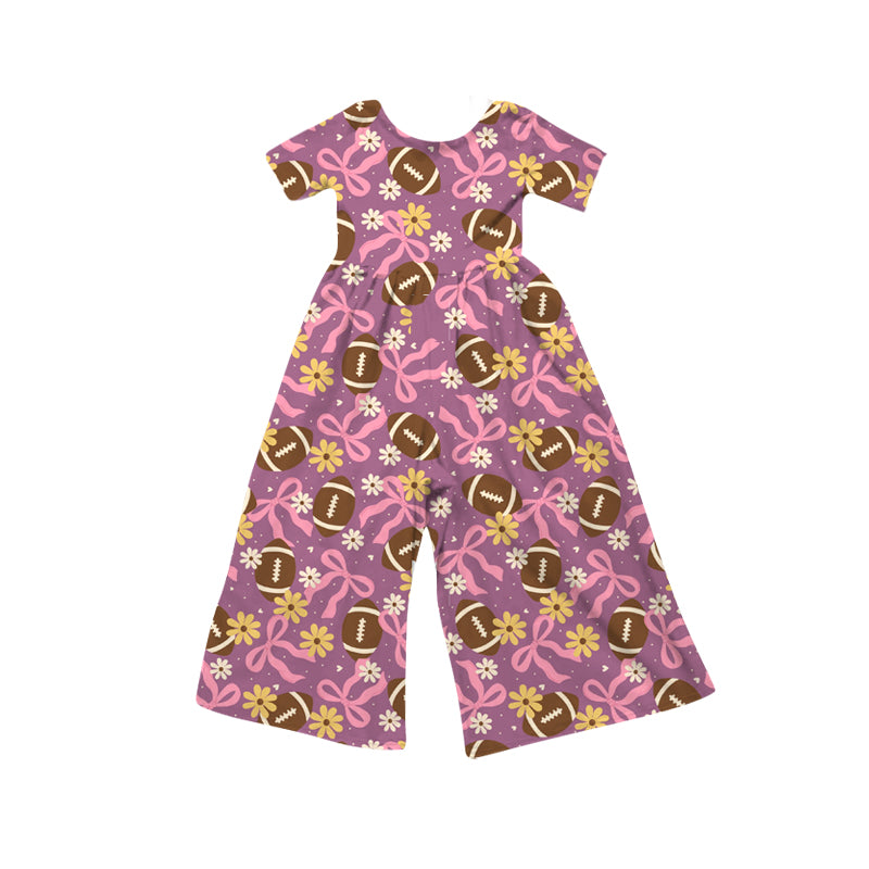 Preorder (moq 5)Baby Girls Short Sleeve Pink Bows Footballs Flowers Team Jumpsuits