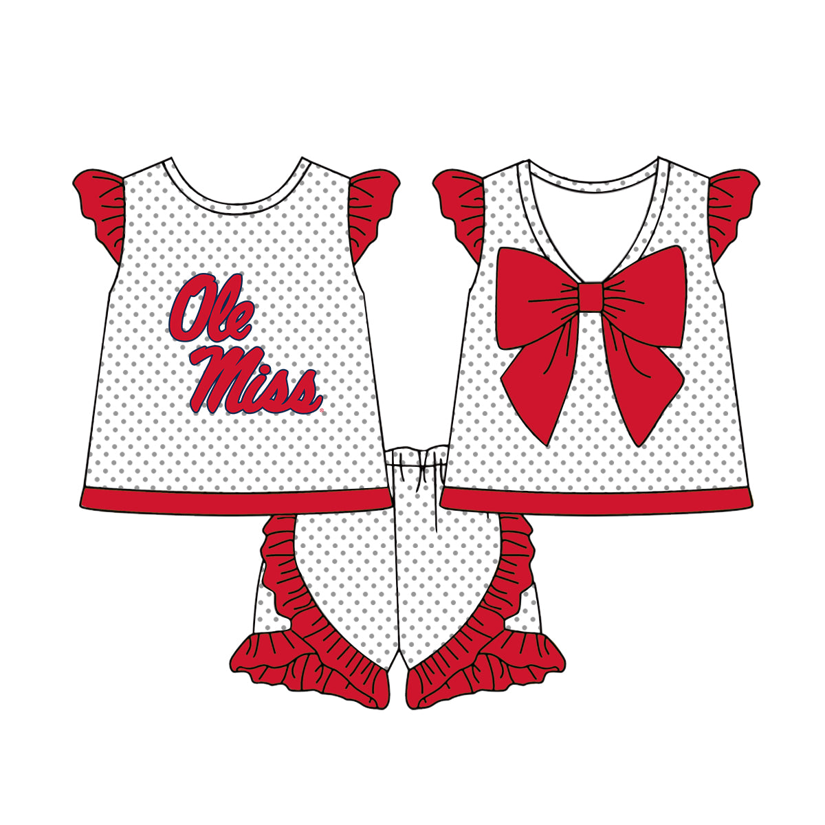 Preorder (moq 5)Baby Girls Red Flutter Sleeves Polka Dots Ole Miss Top Ruffle Shorts Team Set