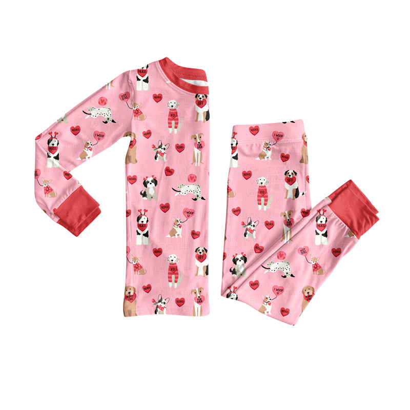 Preorder (moq 5)Baby Girls Pink XOXO Hearts Dogs Top Pants Valentines Pajamas Sets