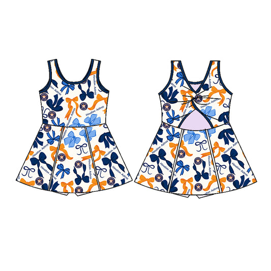 Preorder (moq 5)Baby Girls Blue Orange Bows Plaid Houston Astros Short Team Knee Length Dresses