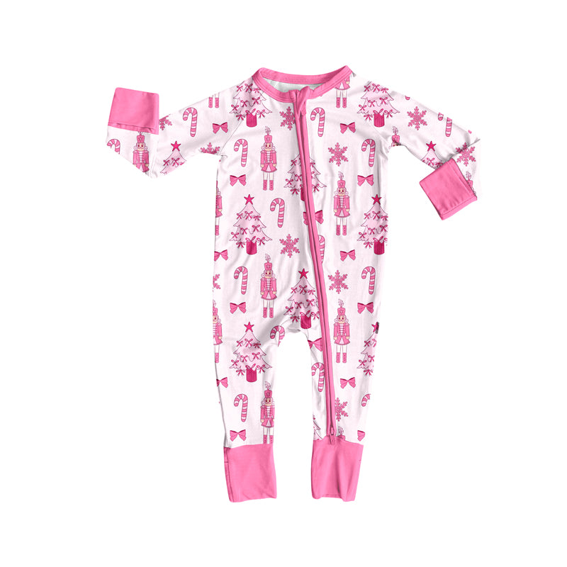 Preorder (moq 5)Baby Girls Long Sleeves Pink Bows Candy Cane Soldiers Zipper Romper