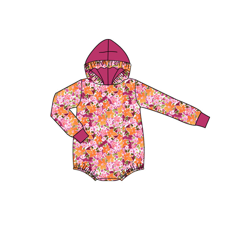 Preorder (moq 5)Baby Girls Long Sleeve Colorful Flowers Ruffle Hoodie Rompers