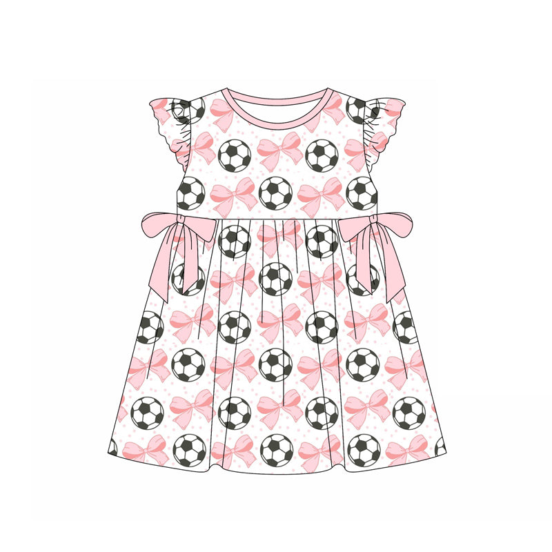 Preorder (moq 5)Baby Girls Pink Flutter Sleeves Bows Footballs Knee Length Dresses
