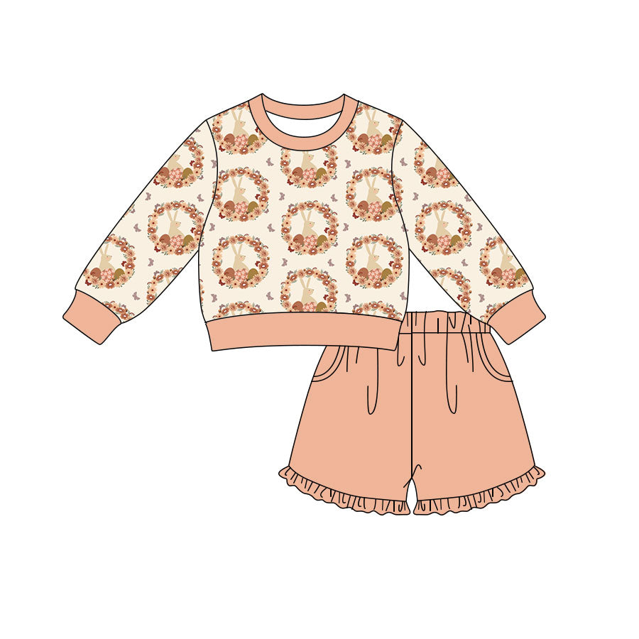 Preorder (moq 5) Baby Girl Clothes Wreath Bunny Floral Allover Print Long Sleeve Top Ruffle Shorts Set