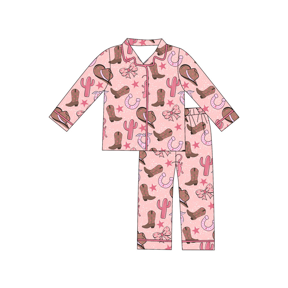 Preorder moq 5 Adult Long Sleeve Hats Boots Cactus Button Top Pants Western Pajamas Sets