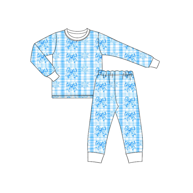 Preorder (moq 5)Baby Boys Blue Plaid Long Sleeves Bows Flowers Stripe Top Pant Pajamas Sets