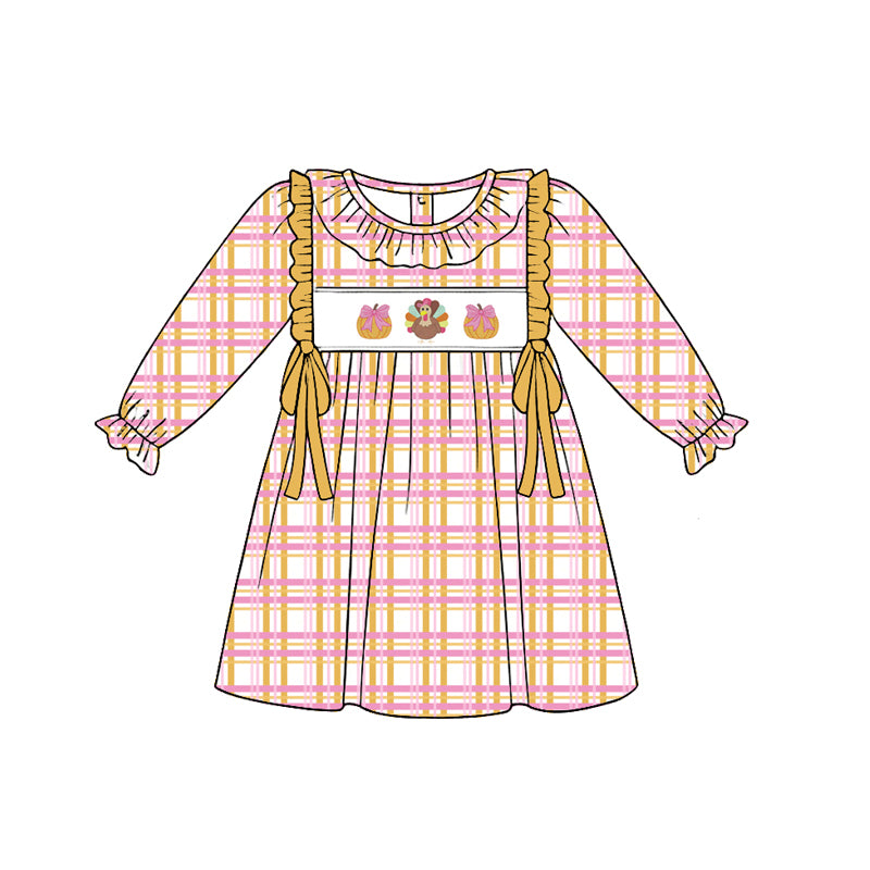 Preorder (moq 5)Baby Girls Pink Checked Pumpkins Turkey Thanksgiving Knee Length Dresses