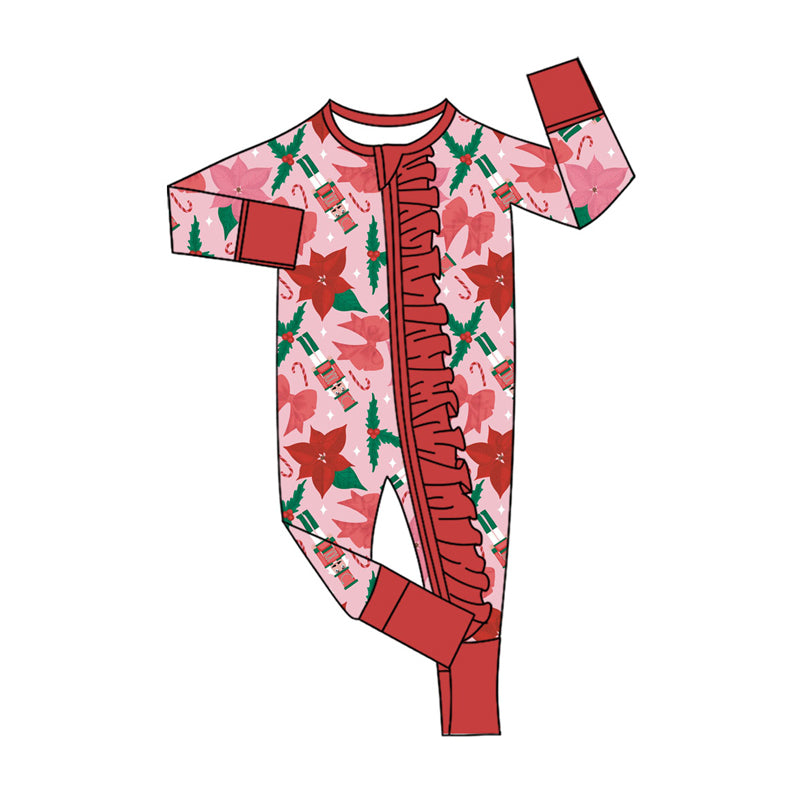 Preorder (moq 5)Baby Girls Red Soldiers Holly Bows Christmas Ruffle Zipper Footie Rompers