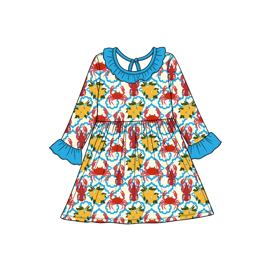 Preorder(moq5) Baby Girl Clothes Crab Lemon Quatrefoil Print Long Sleeve Ruffle Twirl Dress