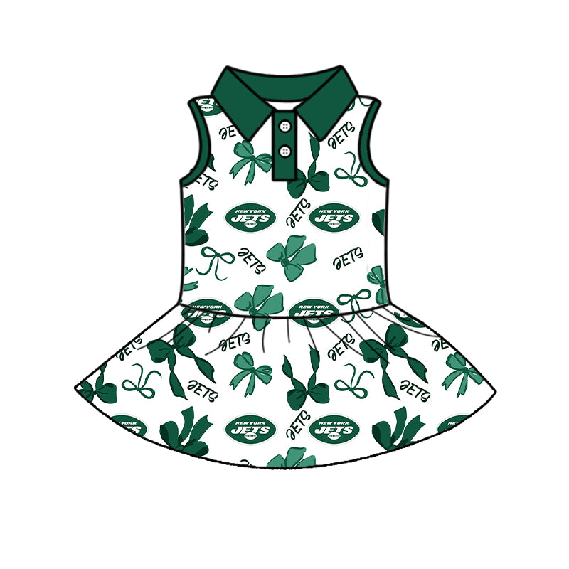Preorder (moq 5)Baby Girls Green Sleeveless Bows Plaid Jets Button Team Knee Length Dresses