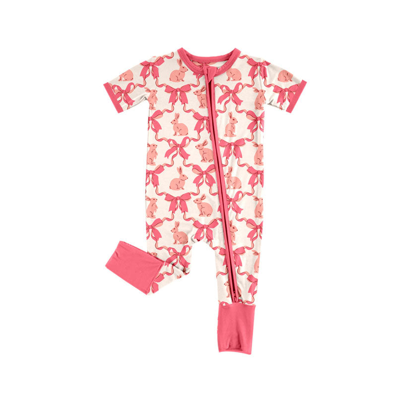Preorder (moq 8)Baby Girls Pink Bows Rabbits Checked Easter Zipper Footie Rompers