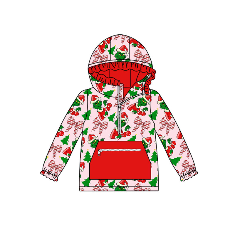 Preorder(moq 5)Baby Girls Christmas Green Faces Bows Plaid Pockets Zipper Hoodie Tops