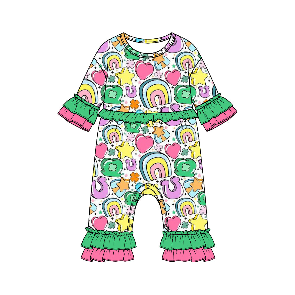 Preorder moq 5 Baby Girls’ St. Patrick’s Day Ruffle Long-Sleeve Romper, Heart & Rainbow Print Holiday One-Piece Outfit