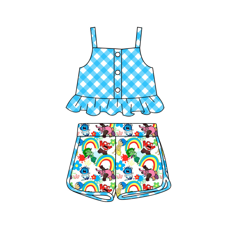 Preorder (moq 5)Baby Girls Checkered Straps Tops Monster Rainbow Shorts Clothes Sets