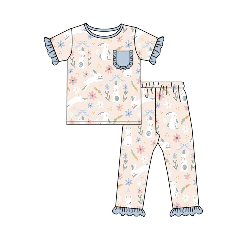 Preorder(moq 8)Baby Girls Bows Flowers Rabbits Pocket Ruffle Pants Easter Pajamas Sets