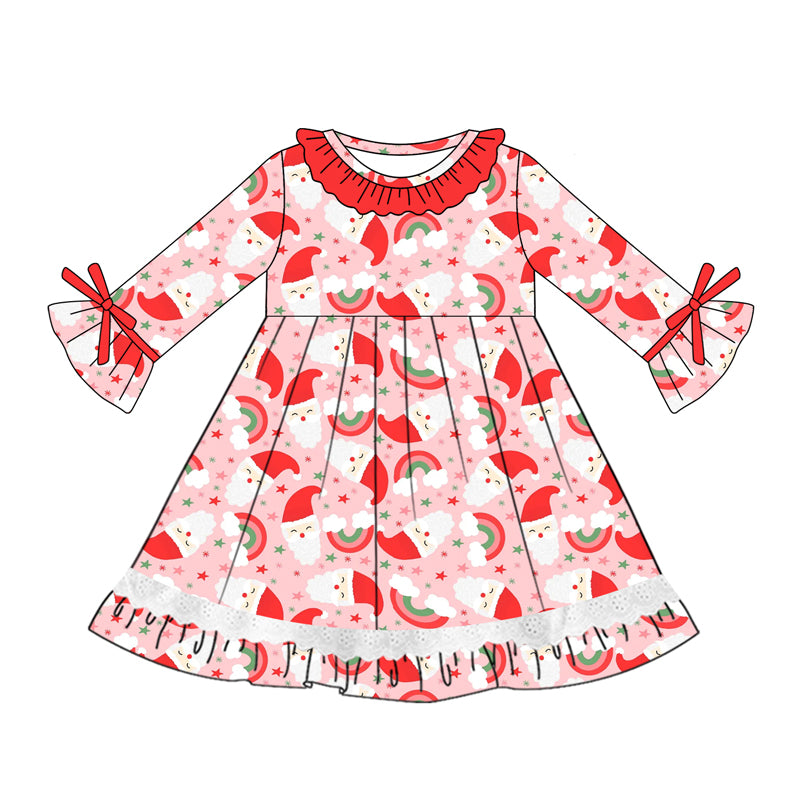 Preorder (moq 5)Baby Girls Red Long Ruffle Sleeves Santa Rainbows Knee Length Dresses