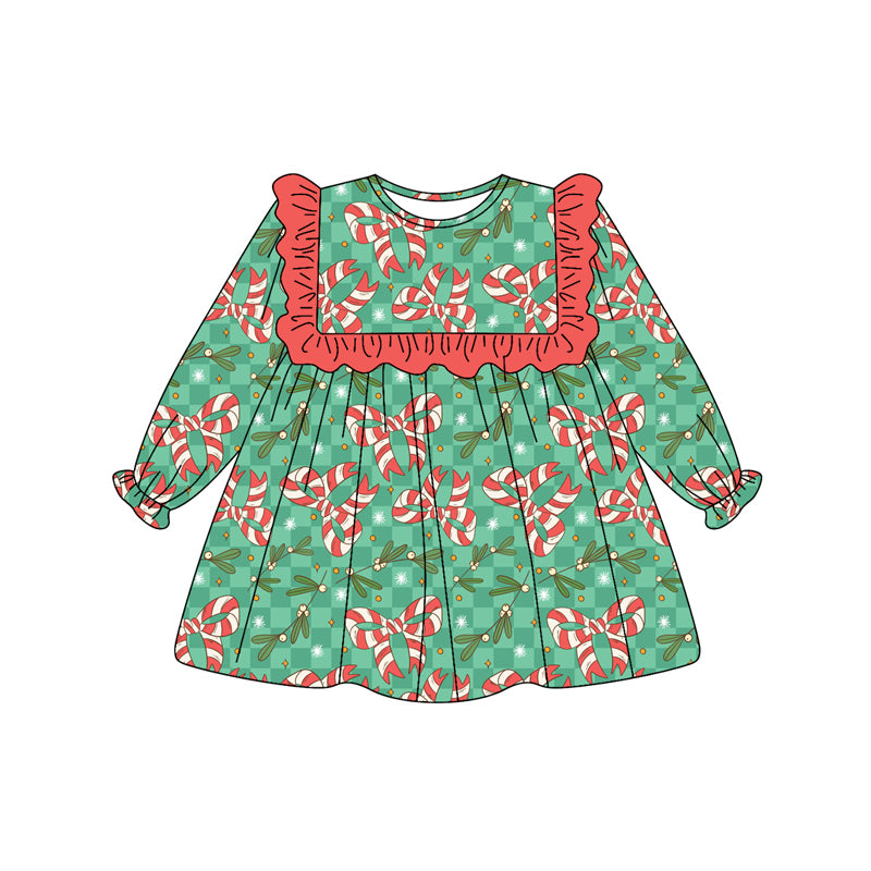 Preorder(moq 5) Baby Girls Holly Plaid Candy Cane Bows Christmas Knee Length Dresses
