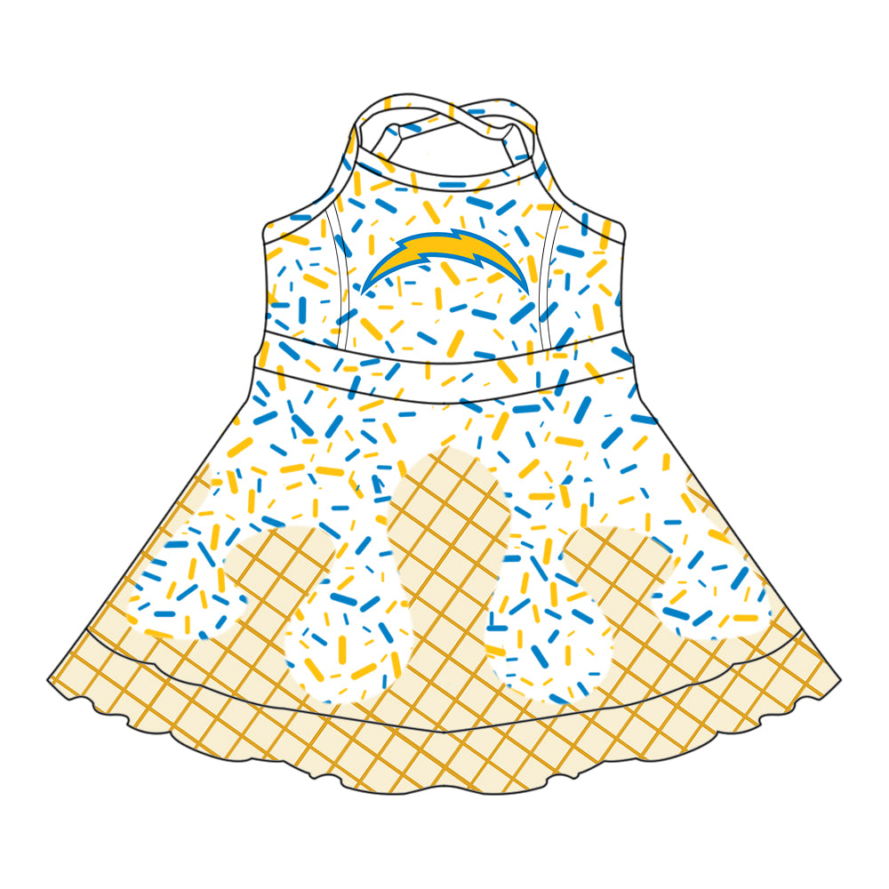 Preorder (moq 5)Baby Girls Strap Drip Yellow Lights Shorts Ruffle Team Knee Length Dresses