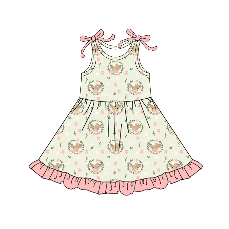 Preorder (moq 5)Baby Girls Bows Sleeveless Highland Flowers Plaid Ruffle Knee Length Dresses