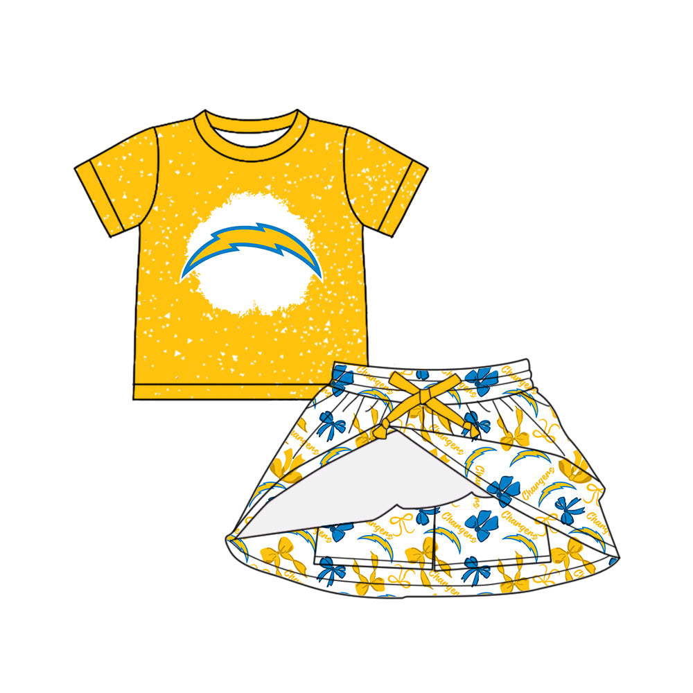 Preorder (moq 5)Baby Girls Yellow Short Sleeves Chargers Top Bows Plaid Skorts Team Set