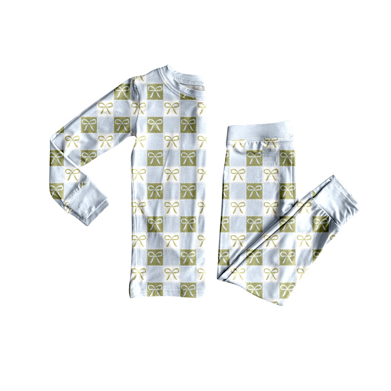 Preorder (moq 5)Baby Girls Long Sleeves Blue Green Plaid Bows Top Pant Pajamas Set