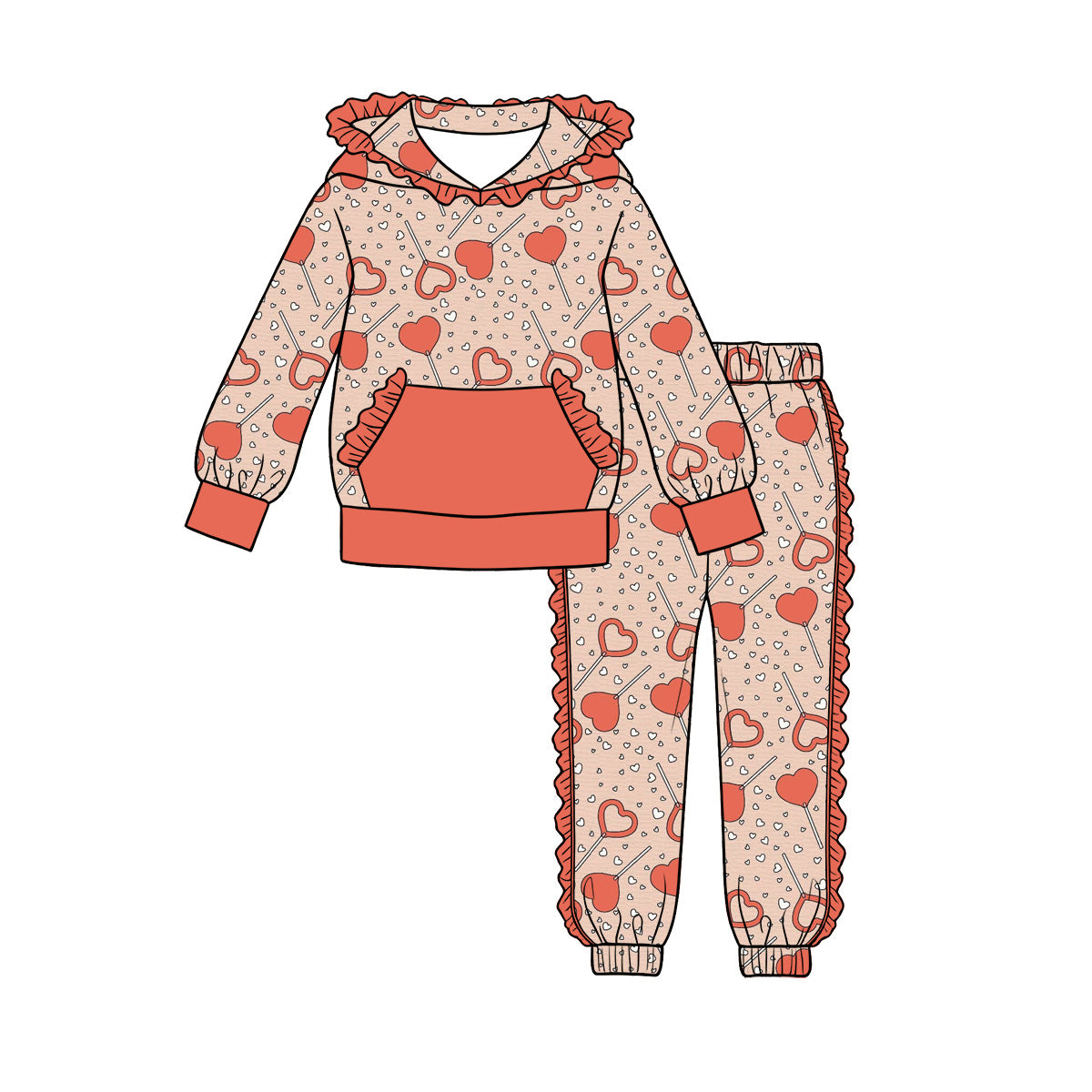 Preorder (moq 5) Baby Girls’ Orange Heart Pocket Hoodie & Ruffle Joggers Set
