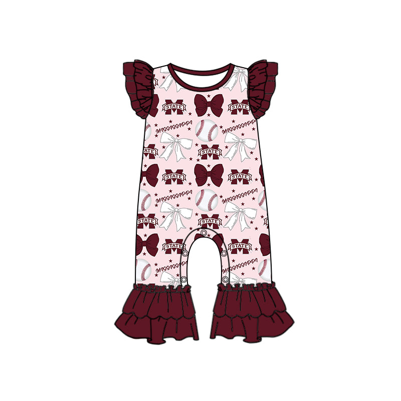 Preorder (moq 5)Baby Girls Dark Red Flutter Sleeves Baseball Bows M State Ruffle Pant Team Rompers