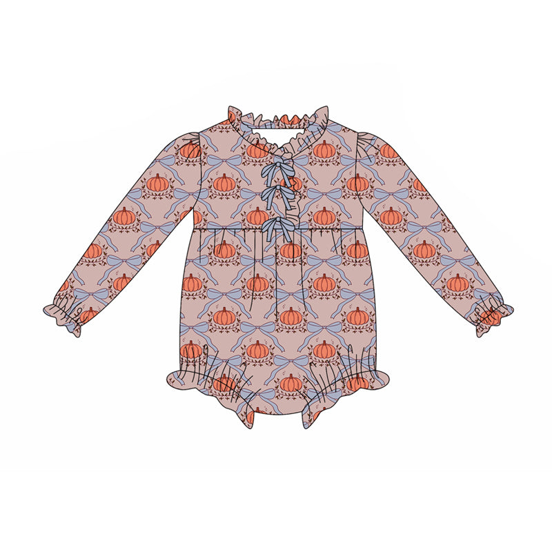 Preorder(moq 5)Baby Infant Girls Bows Pumpkins Plaid Button Ruffle Rompers