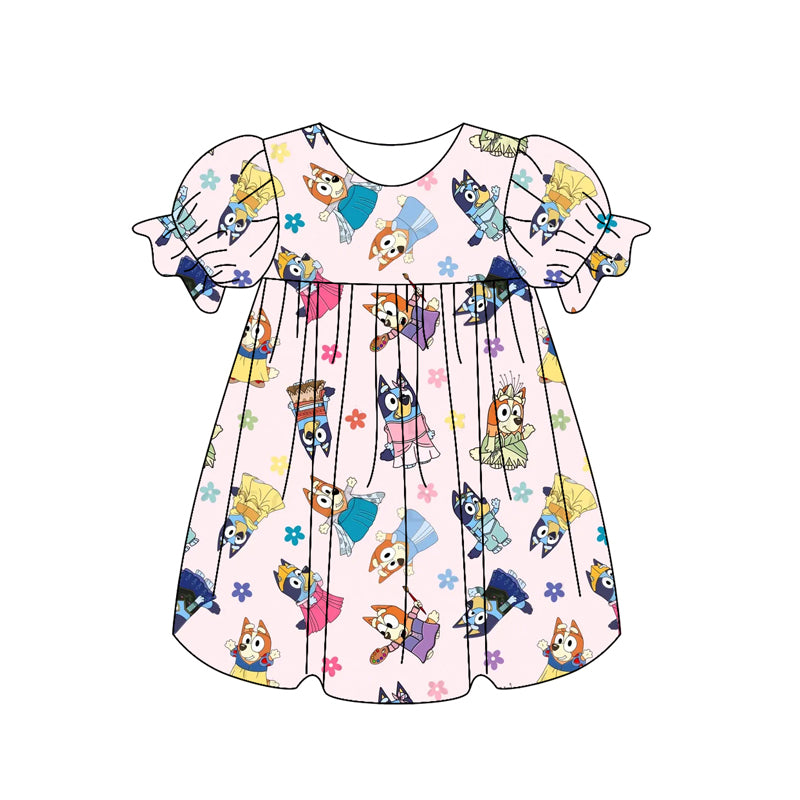 Preorder (moq 5)Baby Girls Pink Short Ruffle Sleeves Cartoon Dogs Floral Knee Length Dress