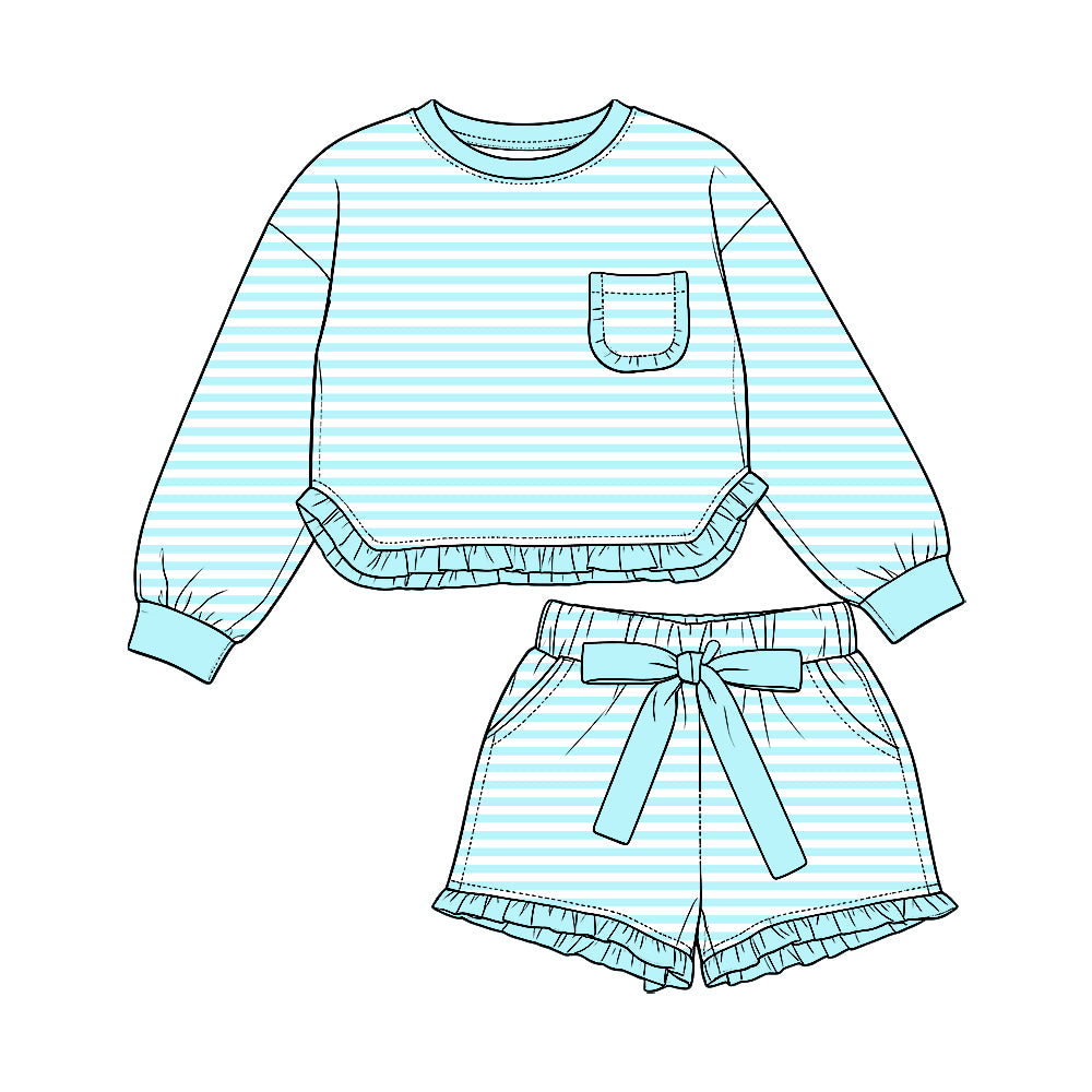 Preorder (moq5) Baby Girls Blue Stripe Pocket Top Ruffle Bow Short Clothes Set