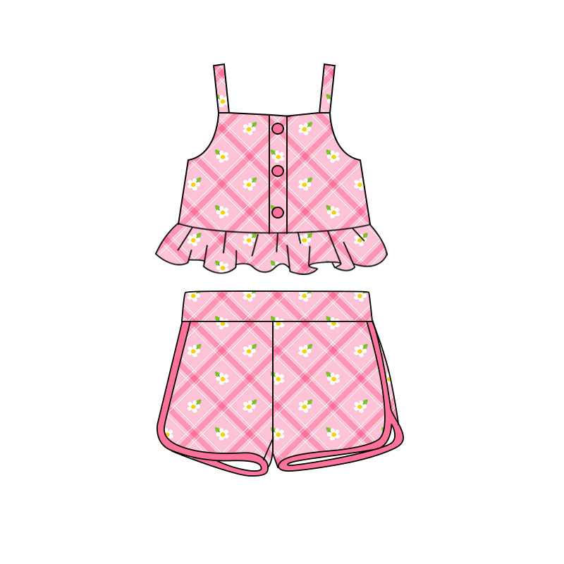 Preorder (moq 5)Baby Girls Pink Checkered Flowers Straps Top Shorts Clothes Sets