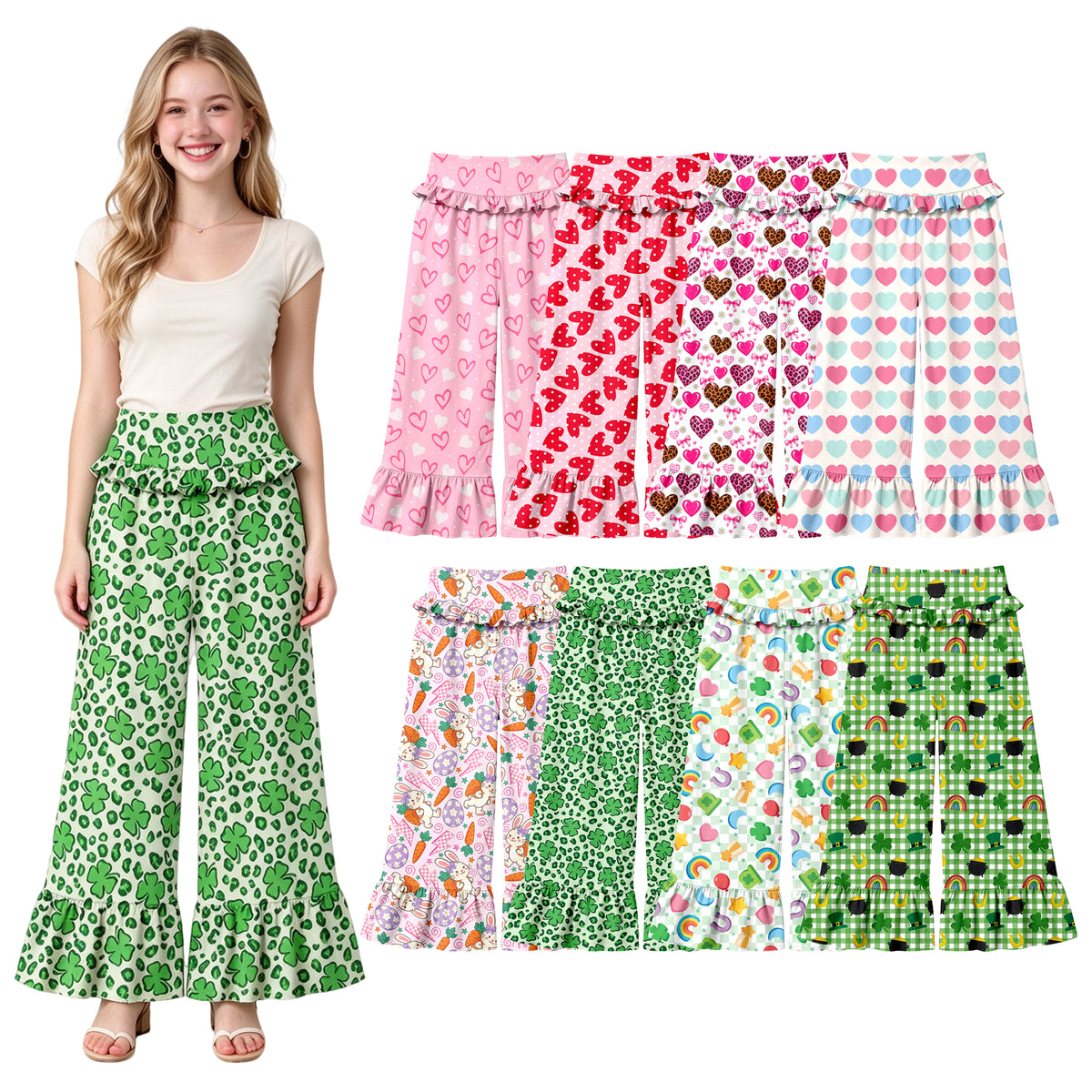 Preorder (moq 5) Women Clothes Pink Heart Dot Print High Waist Ruffle Hem Wide Leg Pants