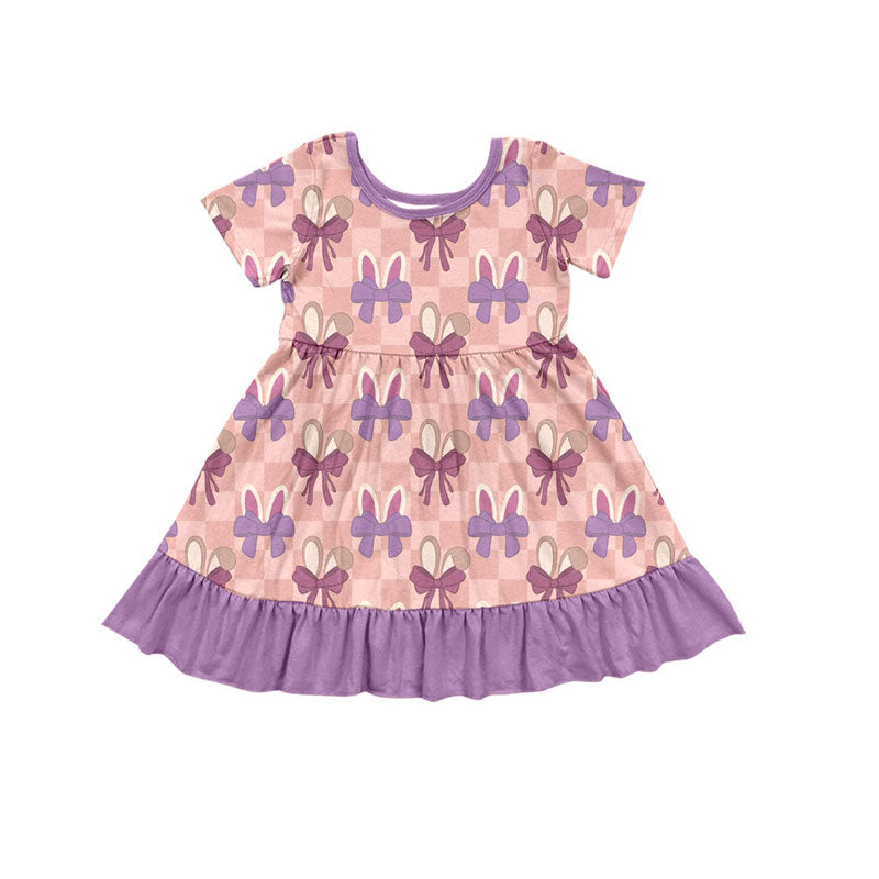 Preorder (moq 5)Baby Girls Pink Checked Rabbits Bows Easter Ruffle Knee Length Dresses