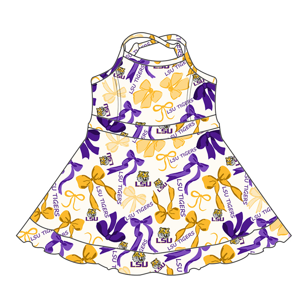 Preorder (moq 5)Baby Girls Strap Purple Yellow Bows LSU Tiger Ruffle Shorts Knee Length Dresses