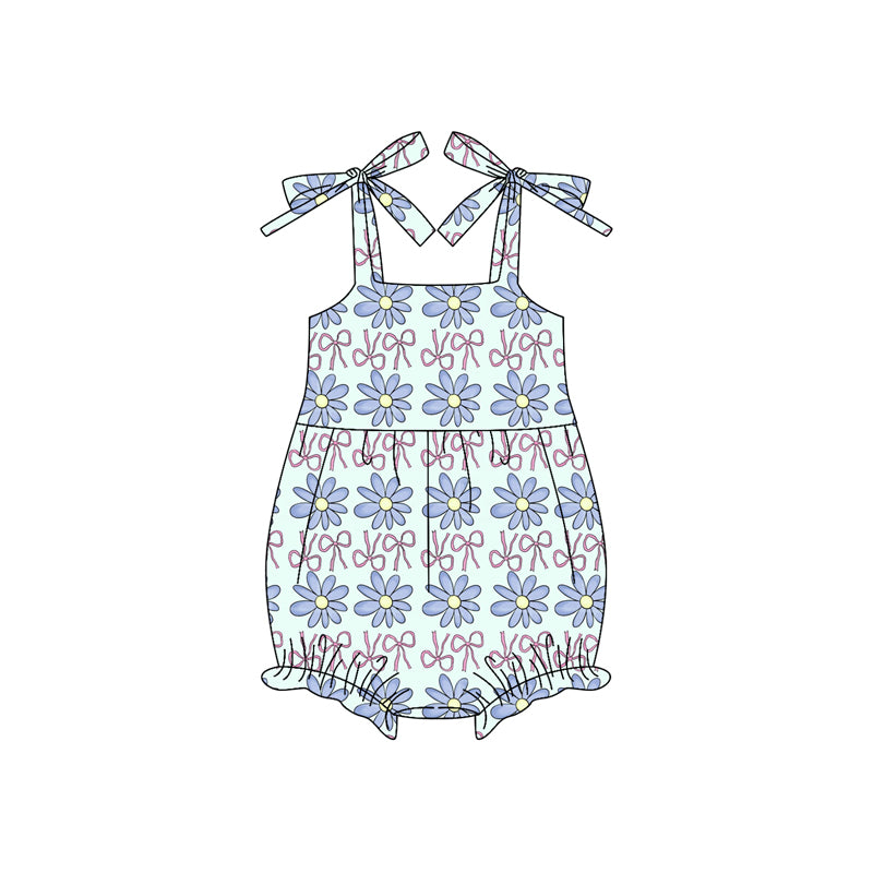 Preorder (moq 5)Baby Girls Blue Strap Bows Flowers Ruffle Rompers