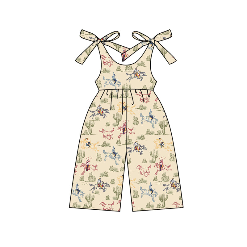 Preorder (moq 5)Baby Girls Khaki Strap Horse Rodeos Cactus Jumpsuits