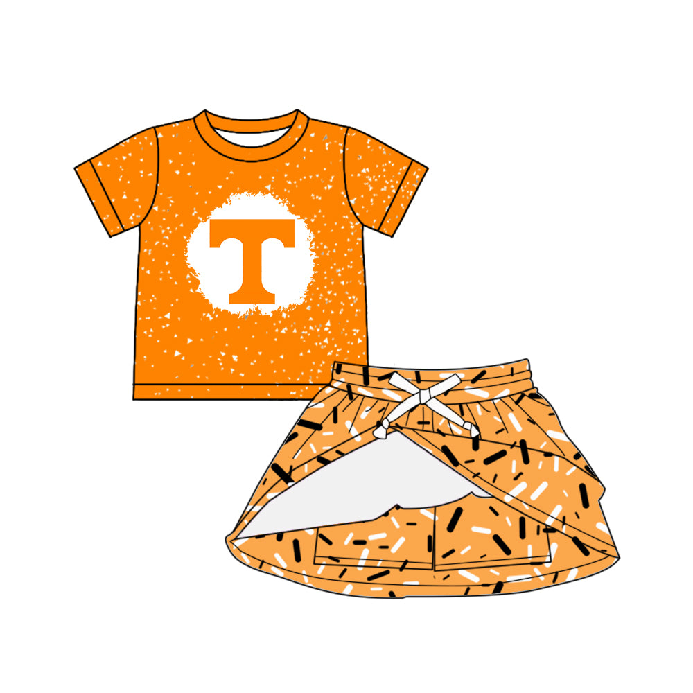 Preorder (moq 5)Baby Girls Orange Short Sleeves T Top Drip Skirts Team Set