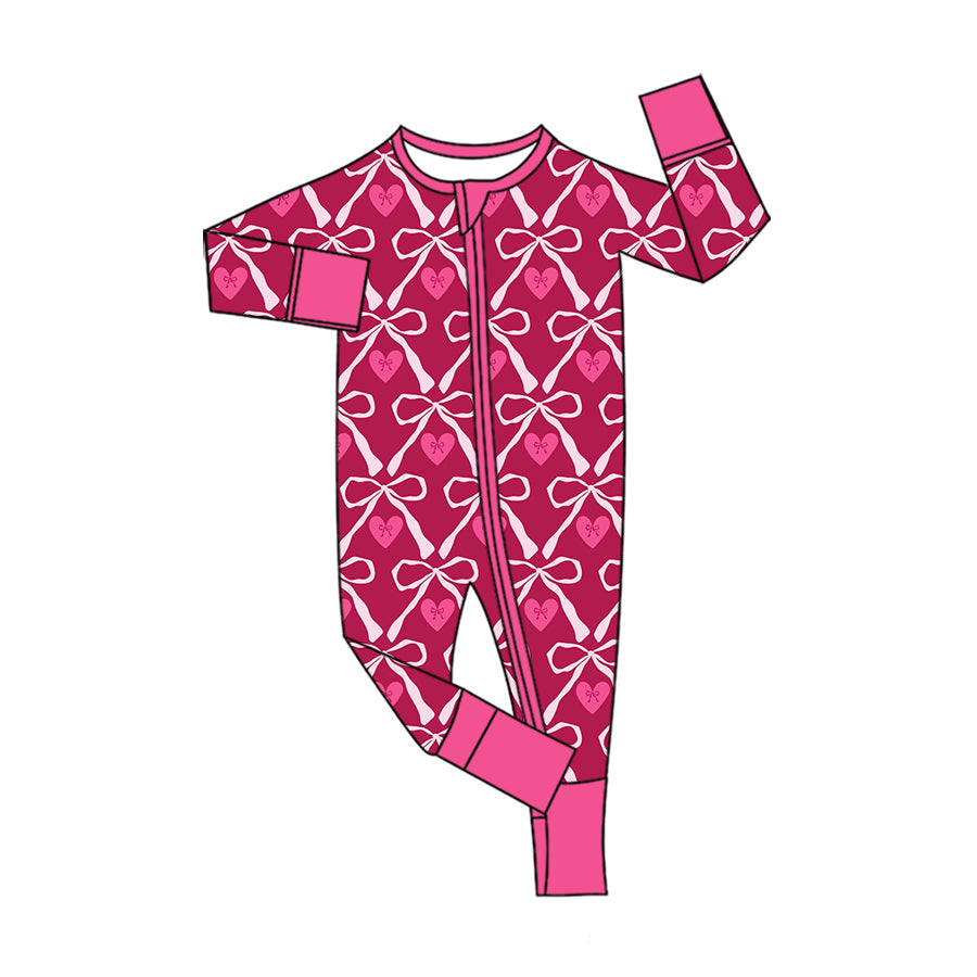 Preorder (moq 5) Baby Girl Clothes Burgundy Bow Heart Allover Print Long Sleeve Zip Romper Jumpsuit