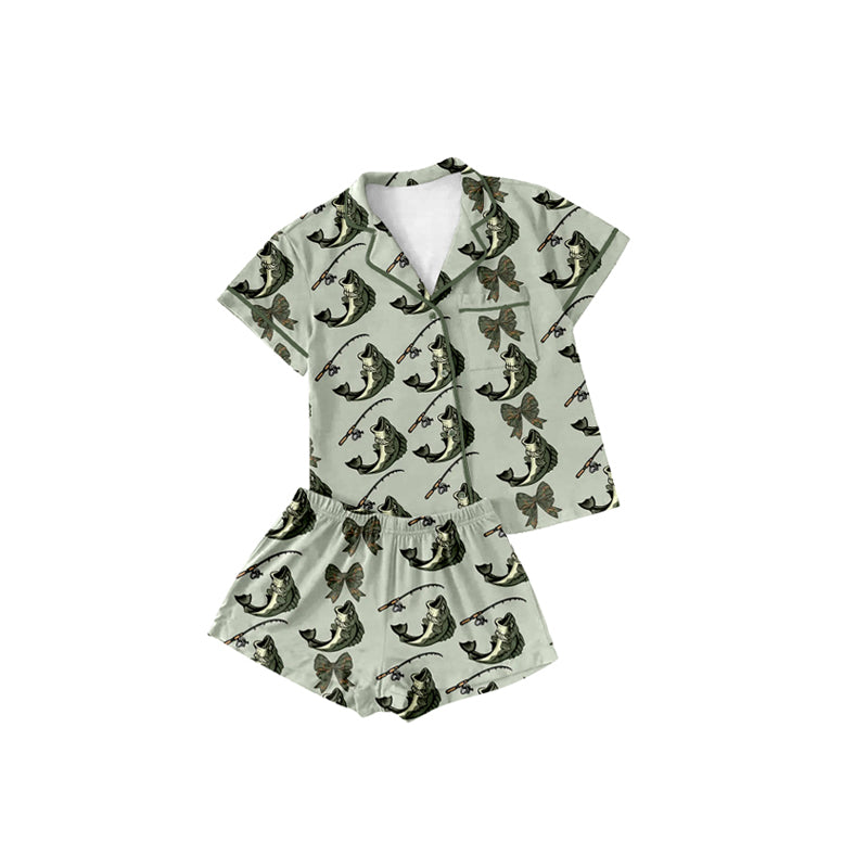 Preorder (moq 5)Baby Girls Green Short Sleeves Fishes Button Pocket Top Short Pajamas Set Preorder