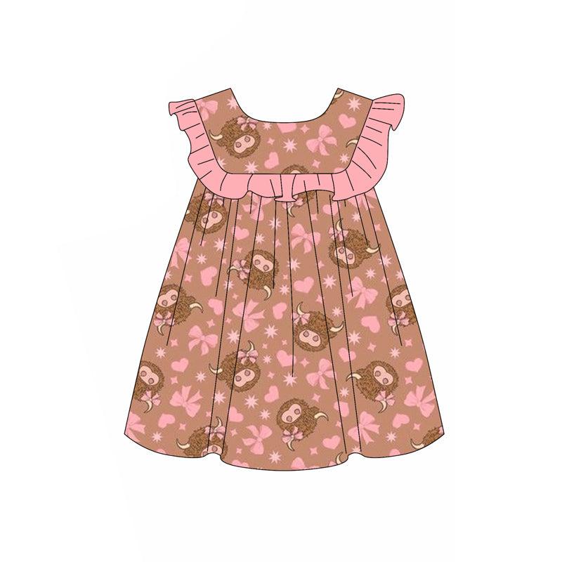 Preorder (moq 5)Baby Girls Pink Highland Cows Bows Knee Length Dresses