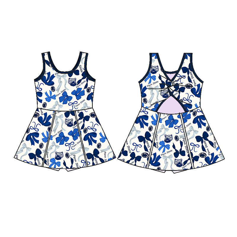 Preorder (moq 5)Baby Girls Hot Blue Sleeveless Penn State Bows Plaid Shorts Knee Length Dresses