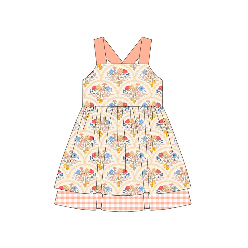 Preorder (moq 5)Baby Girls Pink Strap Floral Plaid Knee Length Dress