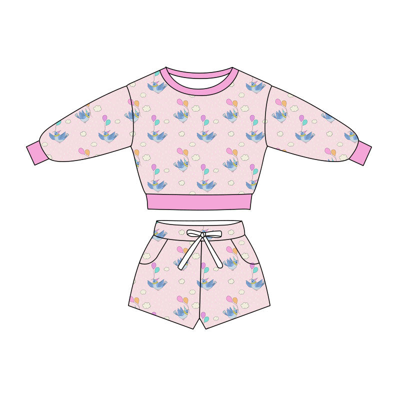 Preorder(moq 5) Baby Girls Pink Birds Balloons Long Sleeve Pockets Shorts Clothes Sets