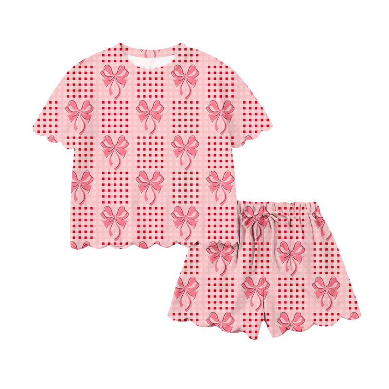 Preorder (moq 5)Baby Girls Short Sleeve Pink Checked Bows Top Scallop Shorts Clothes Sets