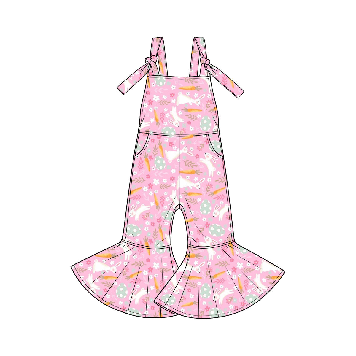 Pre-order(moq5) | Girls’ Spring Easter Rabbit & Pink Carrot Print Suspender Flare Jumpsuit Set | Sisters’ Matching Outfits