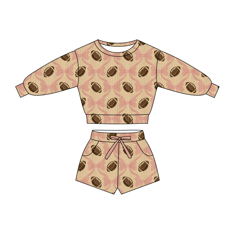 Preorder (moq 5)Baby Girls Pink Bow Footballs Checked Top Pockets Shorts Team Clothes Sets