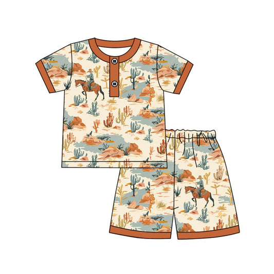 Preorder (moq 5)Baby Boys Khaki Horse Rodeo Cactus Button Shirt Ruffle Shorts Pajamas Clothes Sets