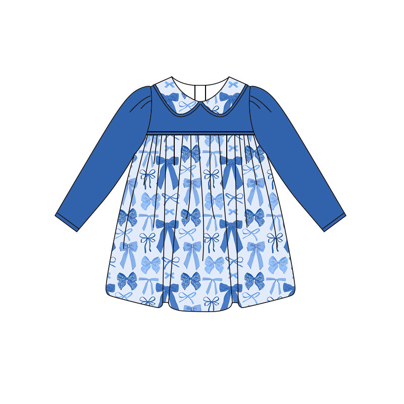 Preorder (moq 5)Baby Girls Hot Blue Long Sleeves Bows Plaid Knee Length Dresses